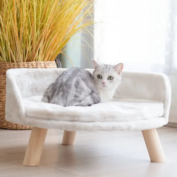 Luxury Plush Cat Bed with Wooden Legs & Washable Cushion